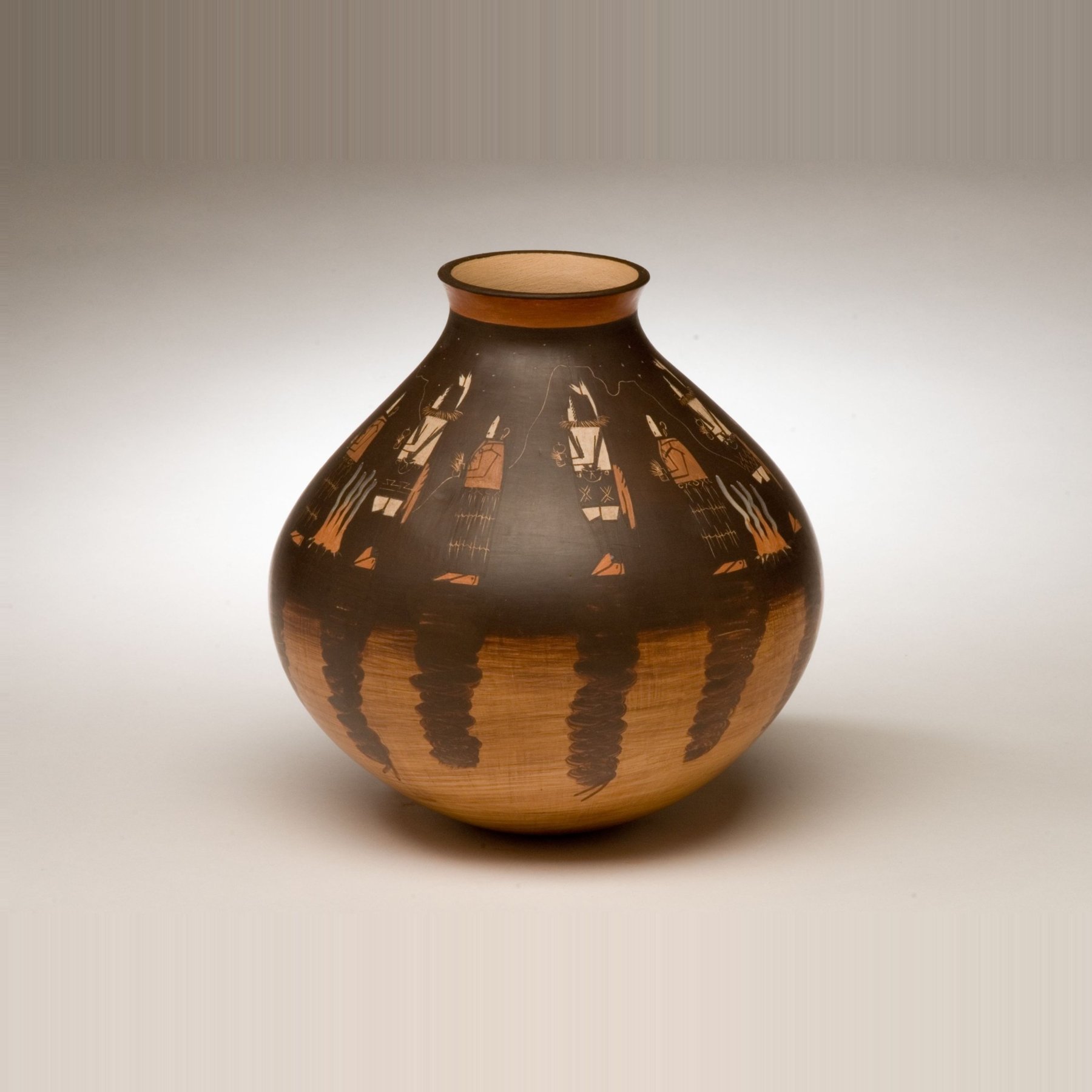 Pottery jar by Ida Sahmie with a dark upper body painted with a procession of figures
